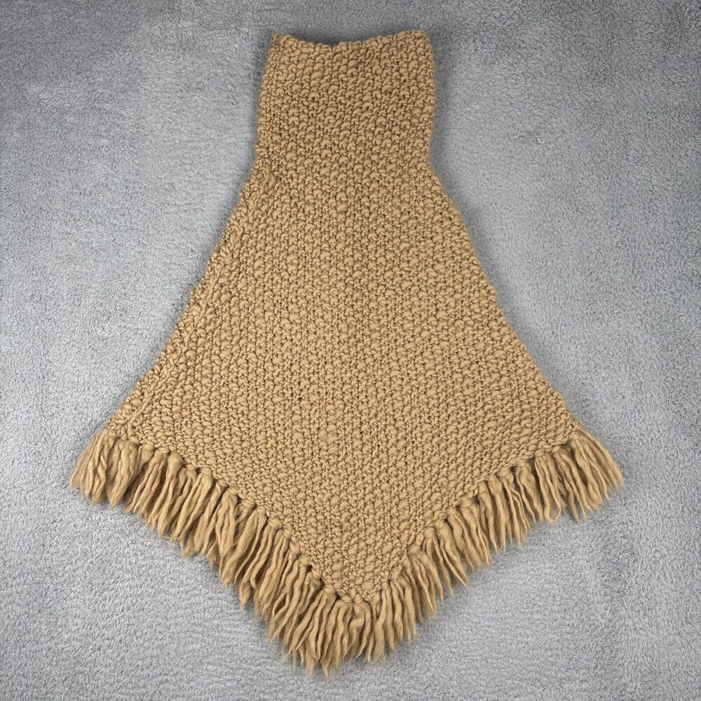 Moda International Poncho HIPPIE BOHO Cable K Wool M/L Fringe Shaggy Tan 70s 80s